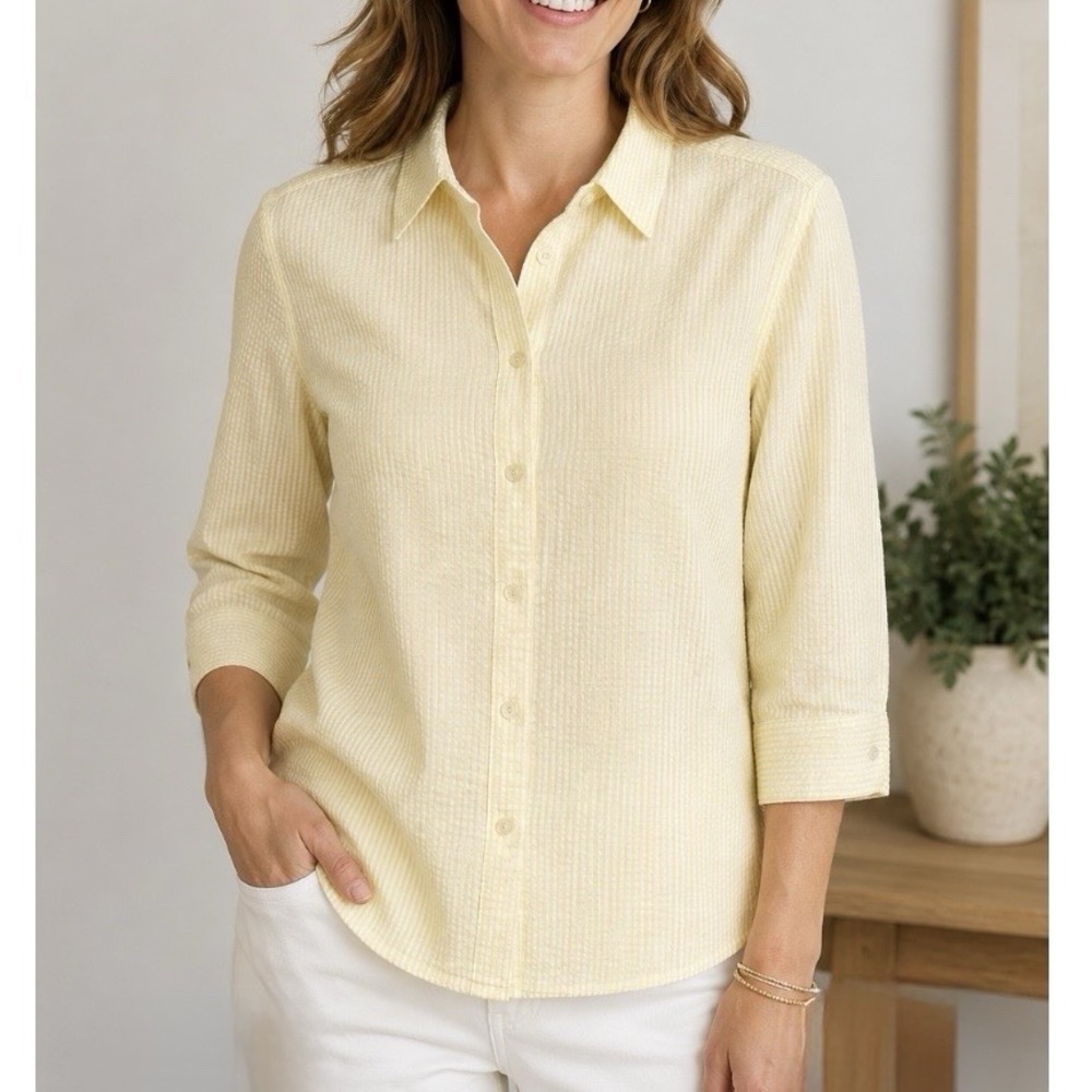 LL Bean Yellow White Stripe 3/4 Sleeve Button Up Cotton Seersucker Shirt Size XL